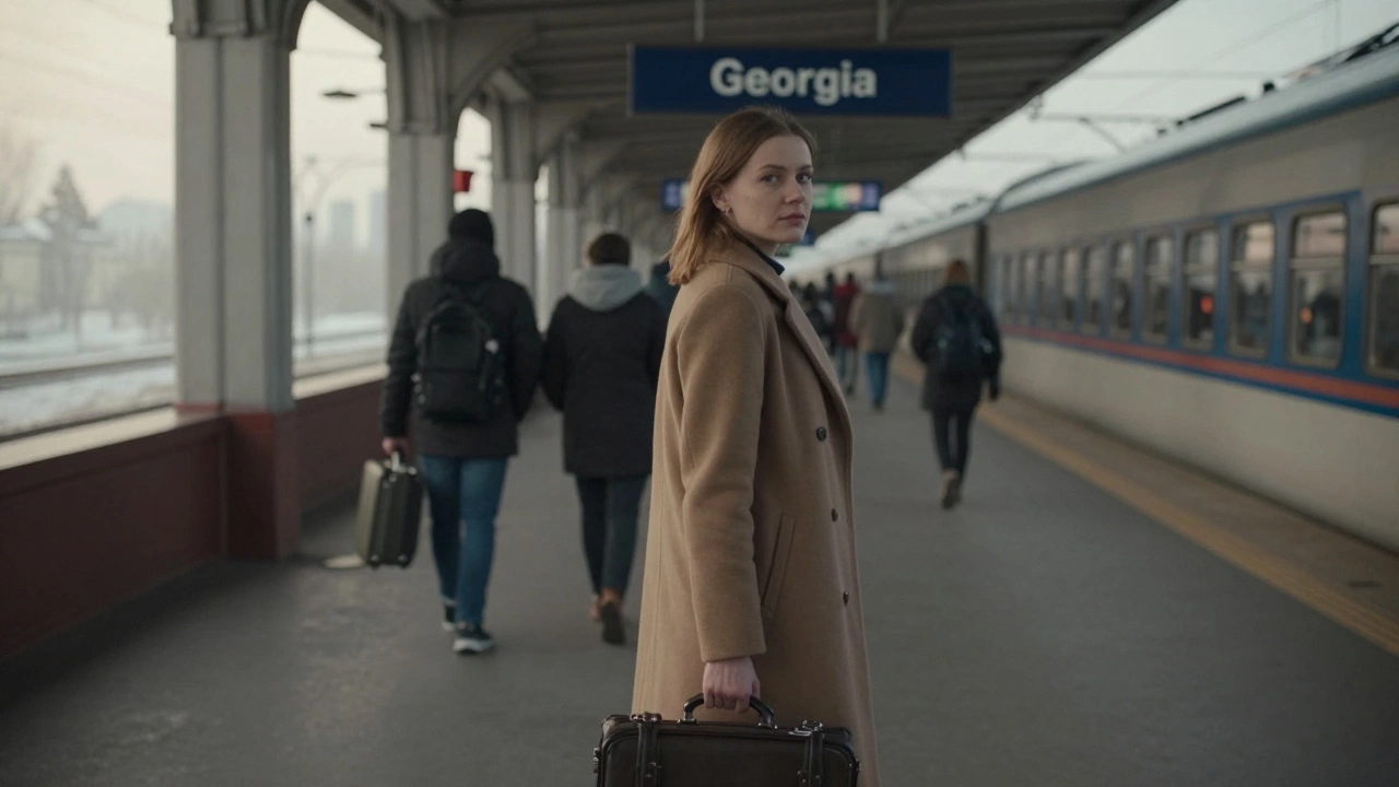 A woman at a train station, suitcase in hand, preparing to leave Russia for a new beginning.