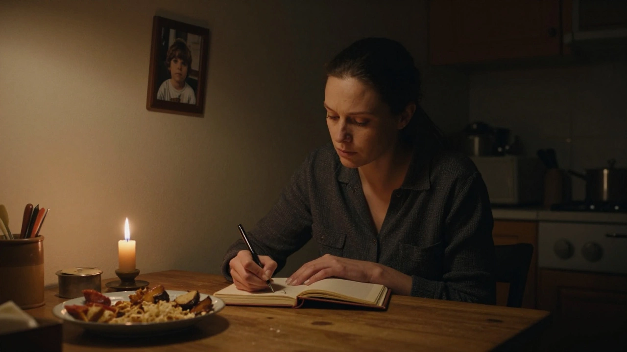 A woman writes in a journal by candlelight in a dim kitchen at night.