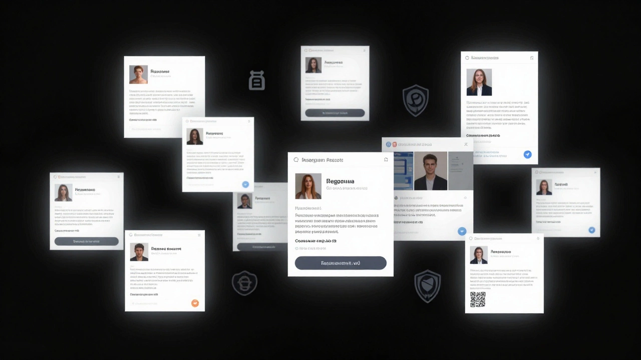 Floating digital profiles of Russian escorts on encrypted platforms, symbolizing privacy and autonomy.