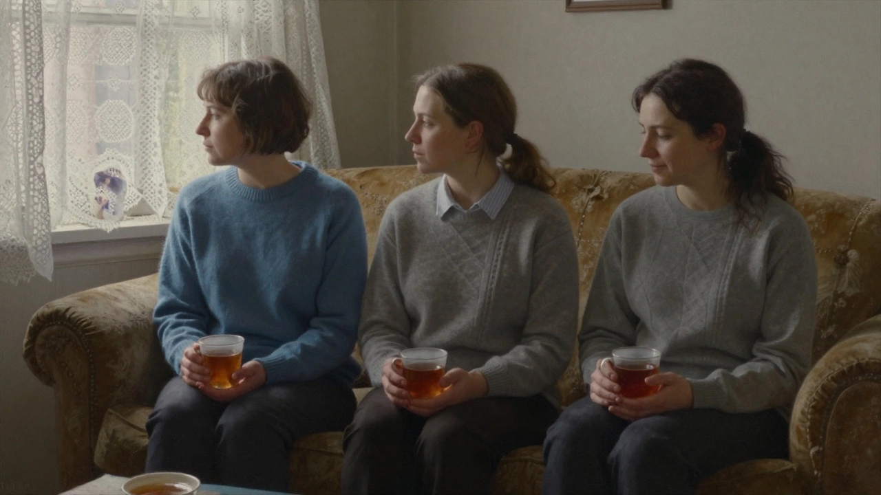 Three women sit together in silent solidarity on a worn couch.